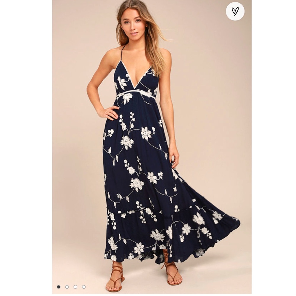 Lulu’s Winding Vines Navy Embroidered Maxi Dress